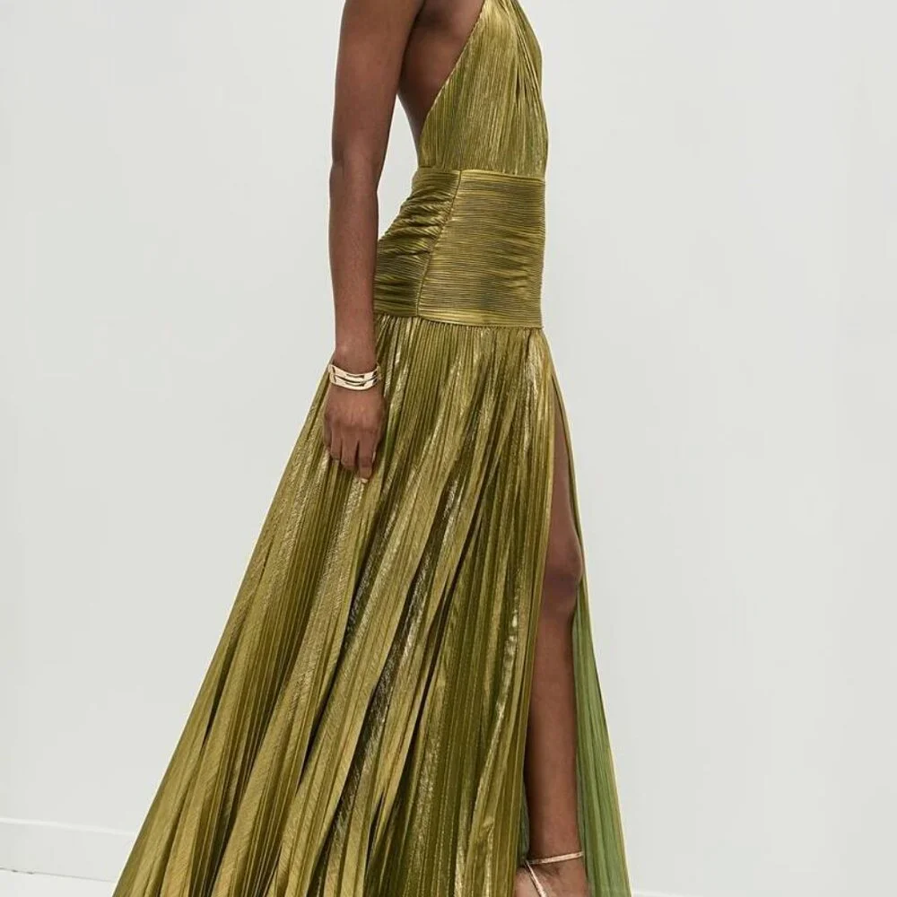 Pleated Maxi Gown | Glitter Green Halter Neck | Slit Maxi Dress - Picture 5 of 6
